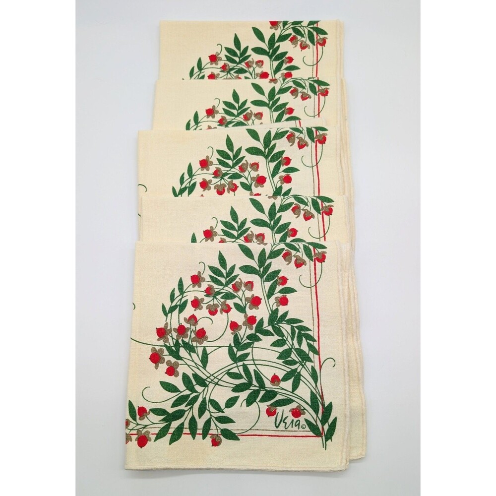 Vintage Vera Neumann Cloth Napkins Christmas Holly Berry Set Of 5